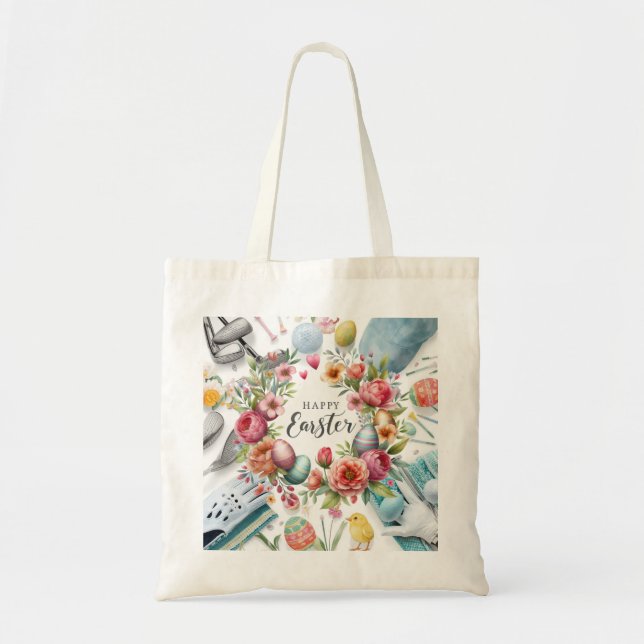 Bolsa Tote Páscoa de golfe com equipamento de golfe com flor (Frente)