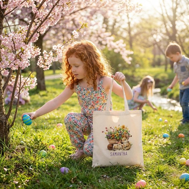 Bolsa Tote Páscoa de Meninos Personalizados (Cute Bunnies Custom Name Girl Easter Tote Bag)