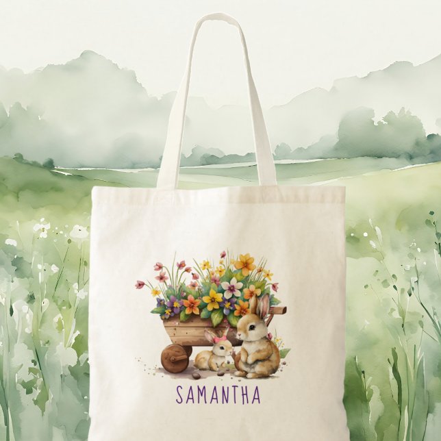Bolsa Tote Páscoa de Meninos Personalizados (Cute Bunnies Custom Name Girl Easter Tote Bag)