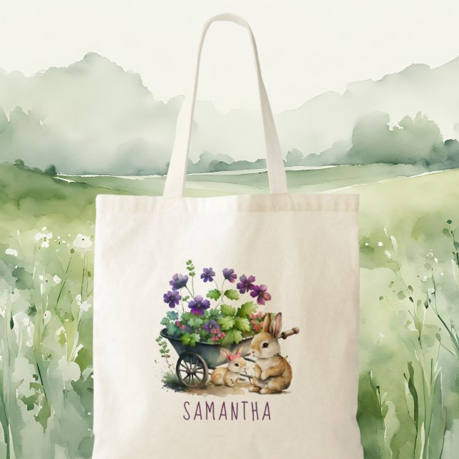 Bolsa Tote Páscoa Personalizada para Garotas Bonitas (Personalized Cute Bunnies Girl Easter Tote Bag)