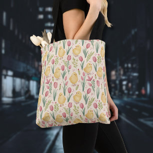 Bolsa Tote Páscoa Vintage Frangos Amarelos Tulipas Vermelhas