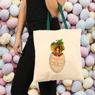 Bolsa Tote Páscoa Vitoriana, Garota Antiga com Touca em Ovo