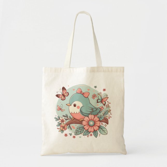 Bolsa Tote Pássaro Azul com Flores e Borboleta (Frente)