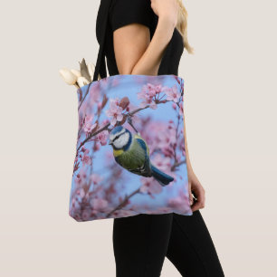 Bolsa Tote Pássaro Azul em Flores Japonesas de Cereja Rosa  