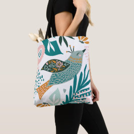 Bolsa Tote Pássaro boémio com padrões botânicos florais