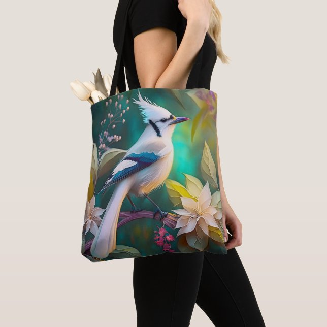 Bolsa Tote Pássaro Branca de Teal Wing Jay Fantasy (Close Up)