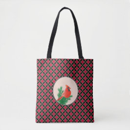 Bolsa Tote Pássaro cardinal em xadrez preto e vermelho