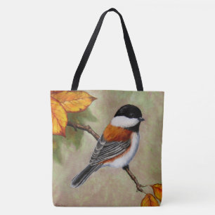 Bolsa Tote Pássaro Chickadee Apoiado em Castanheiro