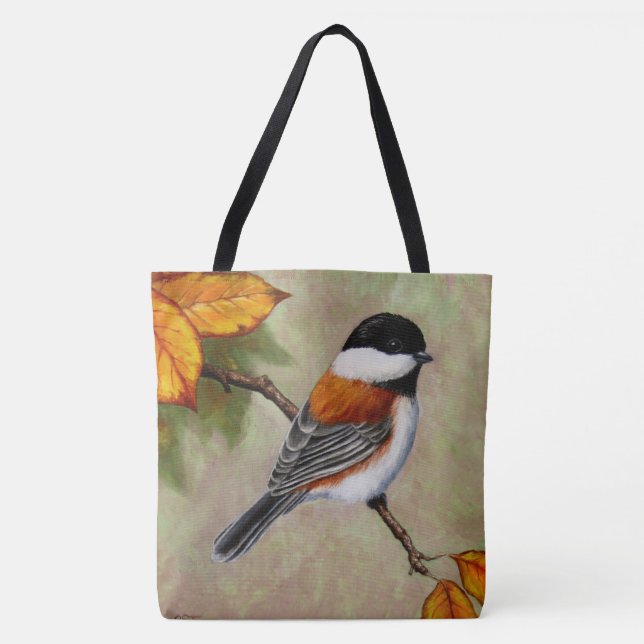 Bolsa Tote Pássaro Chickadee Apoiado em Castanheiro (Frente)