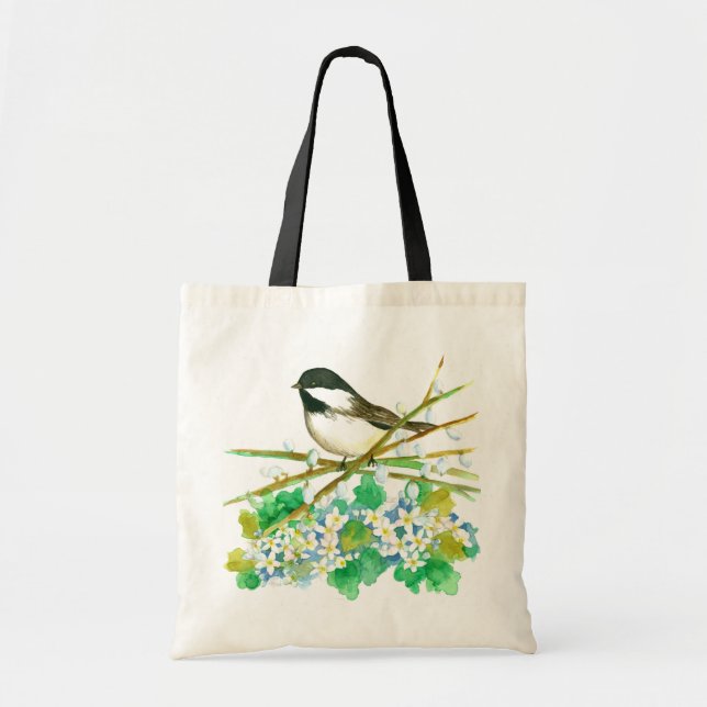 Bolsa Tote Pássaro Chickadee pode Flor Catkins Willow Branche (Frente)