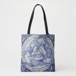 Bolsa Tote Pássaro do Coelho Azul e Branco com Três Hares