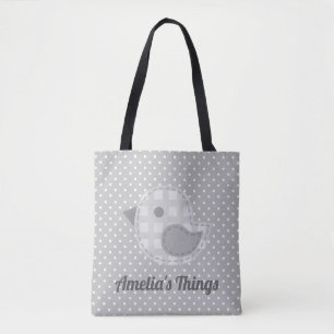 Bolsa Tote Pássaro e Bolinhas de Cinza, bonitinho, personaliz