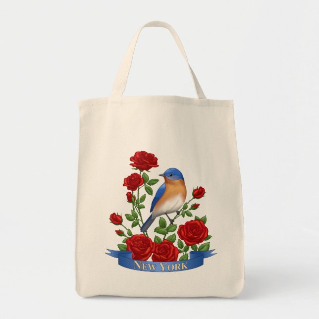 Bolsa Tote Pássaro e Flor do Estado de Nova Iorque - Bluebird (Frente)