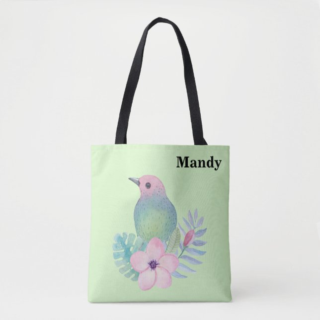 Bolsa Tote Pássaro e Flor em Aquarela (Frente)