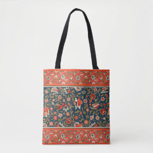 Bolsa Tote Pássaro e Flor Padrão Vermelho Azul Persa