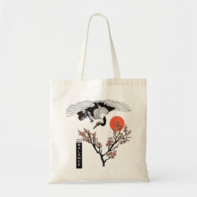 Bolsa Tote Pássaro-guindaste japonês e sakura florescente (Frente)