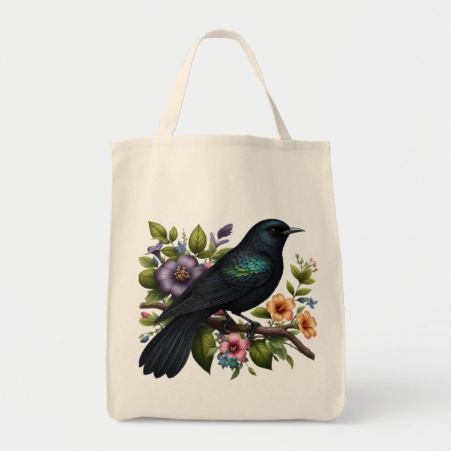 Bolsa Tote Pássaro Negro charmoso com flores em sangue (Frente)