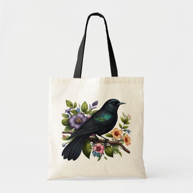Bolsa Tote Pássaro Negro charmoso com flores em sangue (Frente)