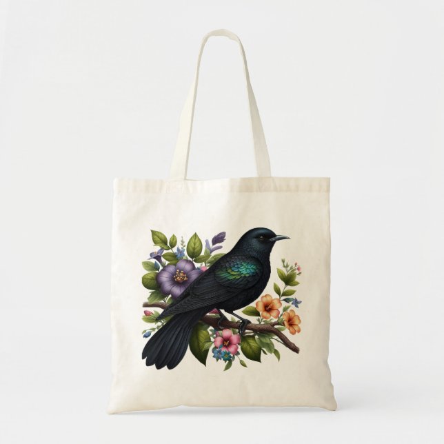 Bolsa Tote Pássaro Negro charmoso com flores em sangue (Frente)