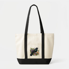 Bolsa Tote Pássaro Negro charmoso com flores em sangue