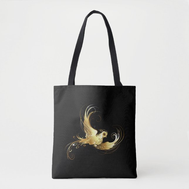 Bolsa Tote Pássaro ouro sobre fundo preto (Frente)