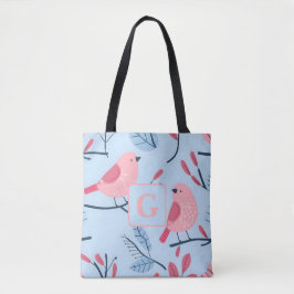 Bolsa Tote Pássaro rosa giro em monograma personalizado azul 