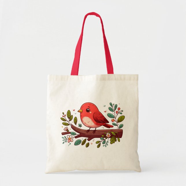 Bolsa Tote Pássaro Vermelho Bonito em uma Ramificação com Flo (Frente)