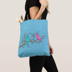Bolsa Tote Pássaros Applique em uma ramificação, Sky Blue Mul