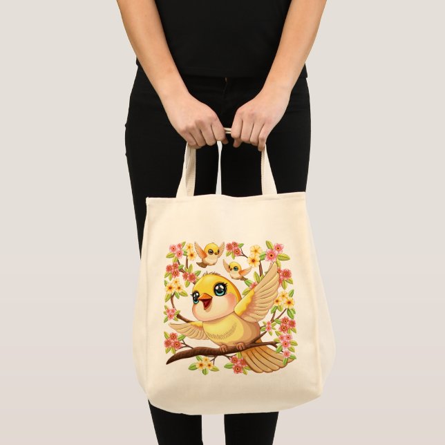 Bolsa Tote Pássaros bonitos e felizes entre as flores da prim (Frente (produto))