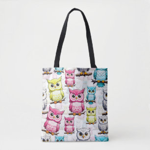 Bolsa Tote Pássaros corujeiros coloridos Padrão branco de fun