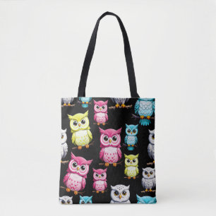 Bolsa Tote Pássaros corujeiros coloridos Padrão de fundo negr
