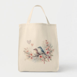 Bolsa Tote Pássaros de Amor Romântico Ramo de Flor de Cerejei