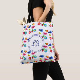 Bolsa Tote Pássaros e flores, primavera, brancos