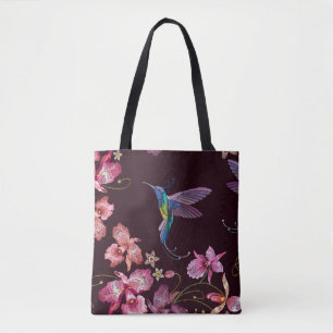 Bolsa Tote Pássaros e orquídeas tropicais exóticas