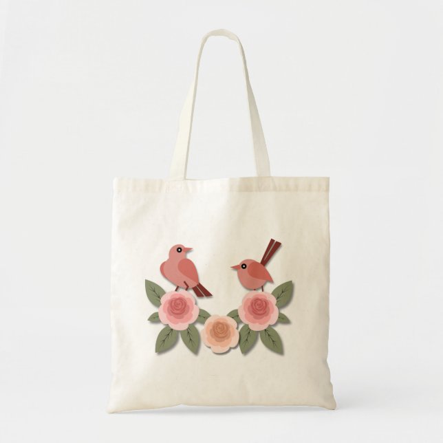 Bolsa Tote Pássaros e Rosas de flores, cor-de-rosa, (Frente)