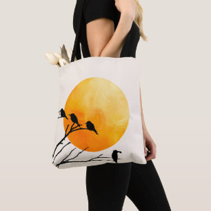 Bolsa Tote Pássaros Minimalistas no Galho com Sol Laranja