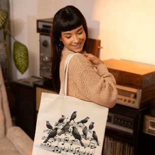 Bolsa Tote pássaros negros sentados em composição musical 3d