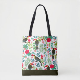 Bolsa Tote Pássaros tucanos e padrão das flores tropicais