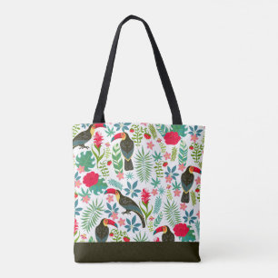 Bolsa Tote Pássaros tucanos e padrão das flores tropicais