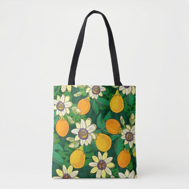 Bolsa Tote Passionflower Bloom: Imagem Preta De Fundo. (Frente)