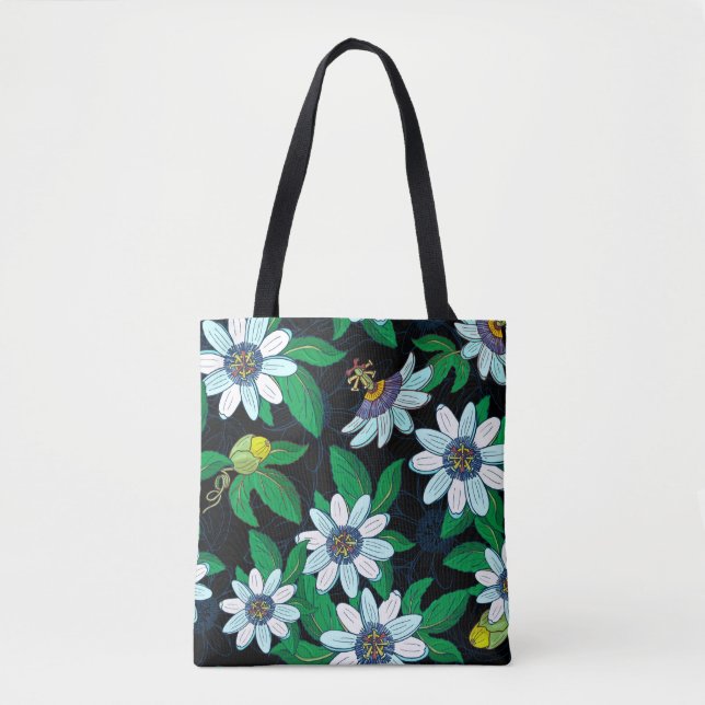 Bolsa Tote Passionflower, passiflora on a black background. F (Frente)
