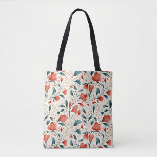Bolsa Tote Pasta Azul Whimsical e Padrão Floral Vermelho