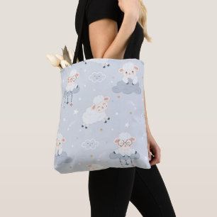 BOLSA TOTE PASTEL AZUL COM BOVINOS DE BEBÊ EM NUVENS