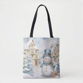 BOLSA TOTE PASTEL BLUE WINTER HOLIDAY CHRISTMAS SNOWMAN