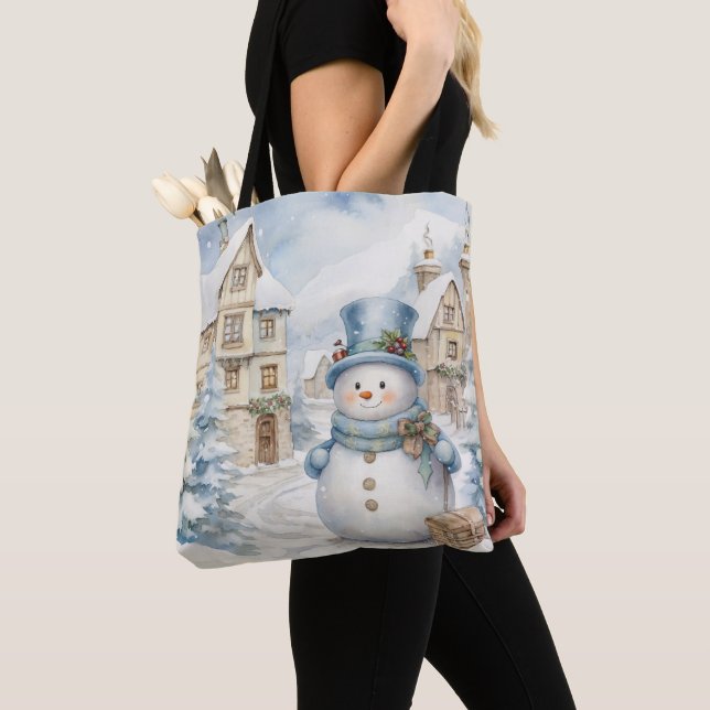 BOLSA TOTE PASTEL BLUE WINTER HOLIDAY CHRISTMAS SNOWMAN (Close Up)