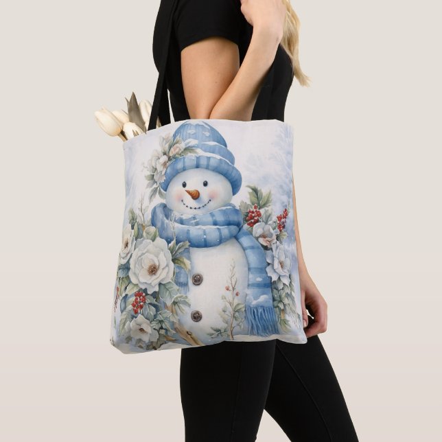 BOLSA TOTE PASTEL BLUE WINTER HOLIDAY CHRISTMAS SNOWMAN (Close Up)