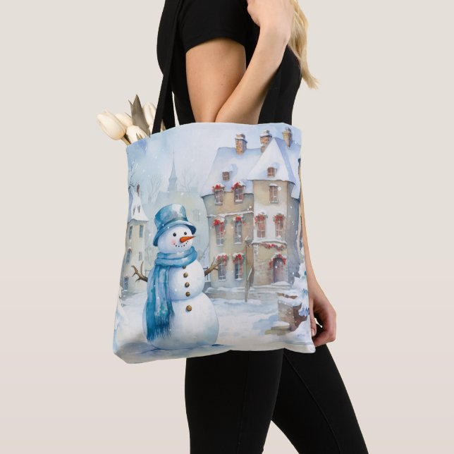 BOLSA TOTE PASTEL BLUE WINTER HOLIDAY CHRISTMAS SNOWMAN (Close Up)