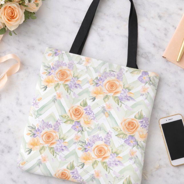 Bolsa Tote Pastel Floral de Lavanda e Sage em Chev (Criador carregado)