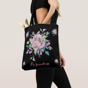 Bolsa Tote Pastel FLoral Elegante Personalizar Preto