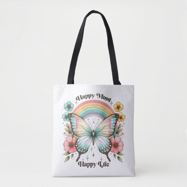 Bolsa Tote Pastel Hippie "Feliz Mente Feliz Vida" (Frente)